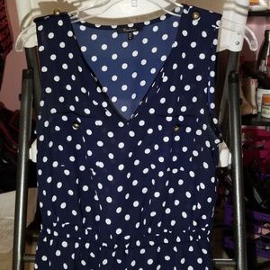 Blue and white polka dot short sleeve silk top